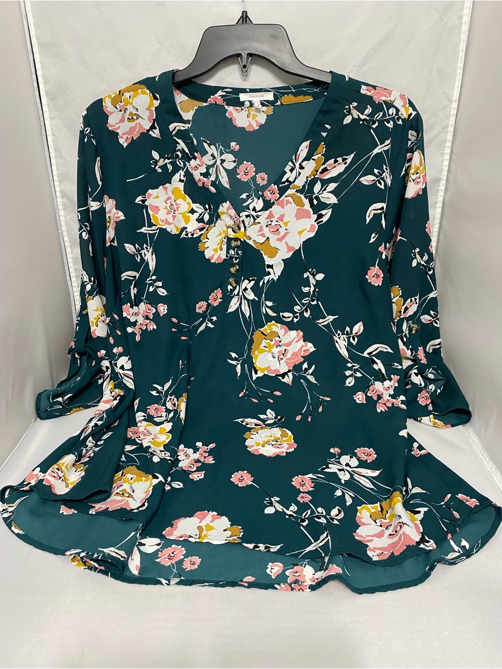 Maurices Teal Floral V-Neck Button-Front Blouse